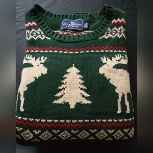 American Living Forest Green Sweater with Moose and Tree Pattern